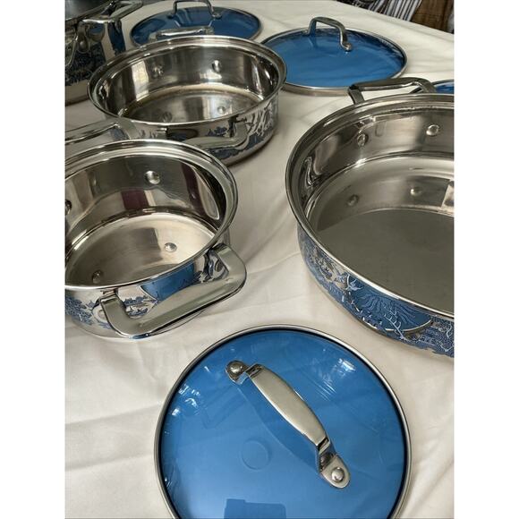 VINTAGE BLUE WILLOW 12 Pc Set Cuisine Cookware 18/10 Stainless Steel 3 Ply Base - Picture 10 of 16